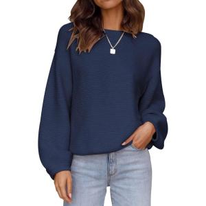 imageZESICA Womens Crew Neck Long Lantern Sleeve Casual Loose Ribbed Knit Solid Soft Pullover Sweater TopsNavy