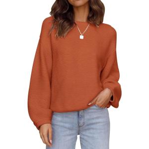 imageZESICA Womens Crew Neck Long Lantern Sleeve Casual Loose Ribbed Knit Solid Soft Pullover Sweater TopsOrange