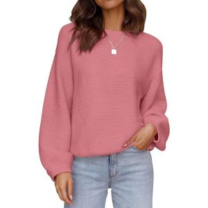 imageZESICA Womens Crew Neck Long Lantern Sleeve Casual Loose Ribbed Knit Solid Soft Pullover Sweater TopsPink