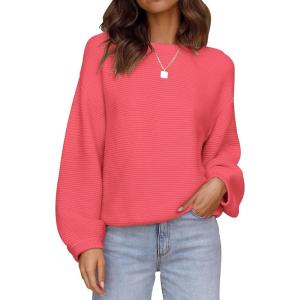 imageZESICA Womens Crew Neck Long Lantern Sleeve Casual Loose Ribbed Knit Solid Soft Pullover Sweater TopsWatermelon