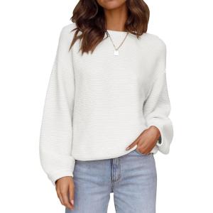 imageZESICA Womens Crew Neck Long Lantern Sleeve Casual Loose Ribbed Knit Solid Soft Pullover Sweater TopsWhite