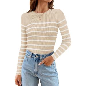 imageZESICA Womens Long Sleeve Crewneck Striped Shirts Spring Ribbed Knit Sweater Slim Fitted Casual Basic Tee TopsApricot