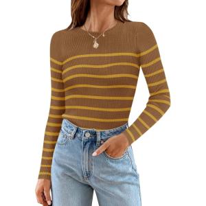imageZESICA Womens Long Sleeve Crewneck Striped Shirts Spring Ribbed Knit Sweater Slim Fitted Casual Basic Tee TopsBrown