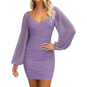 imageZESICA Womens Sexy V Neck Ruched Bodycon Mini Dress Puff Long Sleeve Cocktail Wedding Party Short DressesPurple
