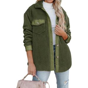 imageZESICA Womens Winter Casual Sherpa Fleece Jacket Long Sleeve Button Solid Warm Fuzzy Outwear Coat PocketsArmy Green