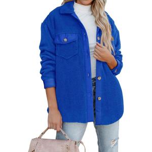 imageZESICA Womens Winter Casual Sherpa Fleece Jacket Long Sleeve Button Solid Warm Fuzzy Outwear Coat PocketsRoyal Blue
