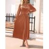 imageZESICA Womens Velvet Midi Dress Casual V Neck Long Sleeve Solid Color Elastic High Waist Flowy Evening Party DressesOrange Red