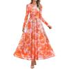 imageZESICA Womens Maxi Dress 2025 Fall Long Sleeve Crewneck Floral Print Mesh Ruched Party Wedding Guest DressesOrange