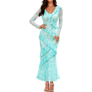 imageZESICA Womens Fall Floral Long Sleeve Maxi Dress 2025 Boho Bodycon V Neck Ruffle Wedding Party Long DressesLight Green