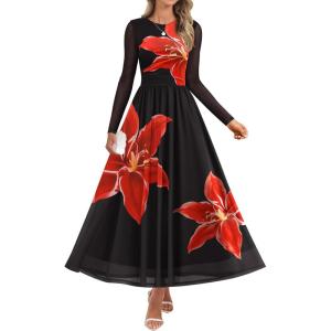 imageZESICA Womens Maxi Dress 2025 Fall Long Sleeve Crewneck Floral Print Mesh Ruched Party Wedding Guest DressesBlack