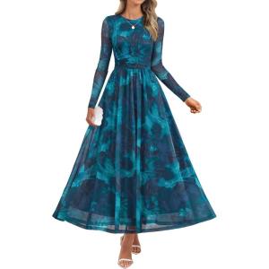 imageZESICA Womens Maxi Dress 2025 Fall Long Sleeve Crewneck Floral Print Mesh Ruched Party Wedding Guest DressesBlue