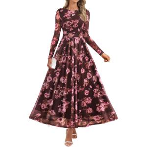 imageZESICA Womens Maxi Dress 2025 Fall Long Sleeve Crewneck Floral Print Mesh Ruched Party Wedding Guest DressesCoffee