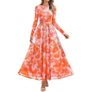 imageZESICA Womens Maxi Dress 2025 Fall Long Sleeve Crewneck Floral Print Mesh Ruched Party Wedding Guest DressesOrange