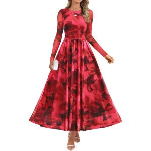 imageZESICA Womens Maxi Dress 2025 Fall Long Sleeve Crewneck Floral Print Mesh Ruched Party Wedding Guest DressesRed