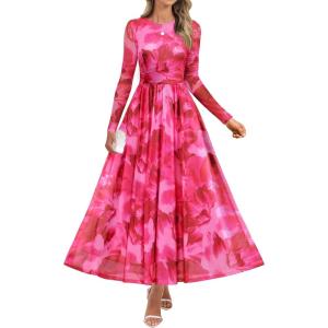 imageZESICA Womens Maxi Dress 2025 Fall Long Sleeve Crewneck Floral Print Mesh Ruched Party Wedding Guest DressesRose