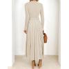 imageZESICA Womens 2025 Fall Turtleneck Long Sleeve Sweater Dress Tie Waist Casual Loose Ribbed Knit A Line Midi DressesApricot