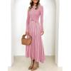 imageZESICA Womens 2025 Fall Turtleneck Long Sleeve Sweater Dress Tie Waist Casual Loose Ribbed Knit A Line Midi DressesPink