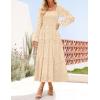 imageZESICA Womens Fall Long Sleeve Maxi Dress 2025 Square Neck Hollow Out Eyelet Smocked A Line Flowy Casual Party DressesApricot