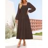 imageZESICA Womens Fall Long Sleeve Maxi Dress 2025 Square Neck Hollow Out Eyelet Smocked A Line Flowy Casual Party DressesCoffee