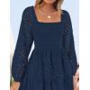 imageZESICA Womens Fall Long Sleeve Maxi Dress 2025 Square Neck Hollow Out Eyelet Smocked A Line Flowy Casual Party DressesNavy