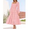 imageZESICA Womens Fall Long Sleeve Maxi Dress 2025 Square Neck Hollow Out Eyelet Smocked A Line Flowy Casual Party DressesPink