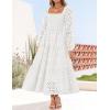 imageZESICA Womens Fall Long Sleeve Maxi Dress 2025 Square Neck Hollow Out Eyelet Smocked A Line Flowy Casual Party DressesWhite