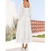 imageZESICA Womens Fall Long Sleeve Maxi Dress 2025 Square Neck Hollow Out Eyelet Smocked A Line Flowy Casual Party DressesWhite