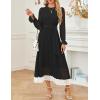 imageZESICA Womens Spring Long Sleeve Chiffon Dress Casual Crew Neck Pleated A Line Flowy Midi Dresses with BeltBlack