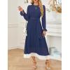 imageZESICA Womens Spring Long Sleeve Chiffon Dress Casual Crew Neck Pleated A Line Flowy Midi Dresses with BeltDark Blue