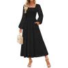 imageZESICA Womens Fall Long Sleeve Maxi Dress 2025 Square Neck Hollow Out Eyelet Smocked A Line Flowy Casual Party DressesBlack