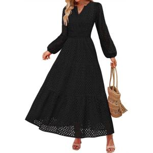 imageZESICA Womens 2025 Fall Long Sleeve Maxi Dress V Neck Hollow Out Eyelet A Line Long Flowy Casual Party DressesBlack