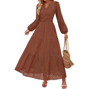 imageZESICA Womens 2025 Fall Long Sleeve Maxi Dress V Neck Hollow Out Eyelet A Line Long Flowy Casual Party DressesBrown
