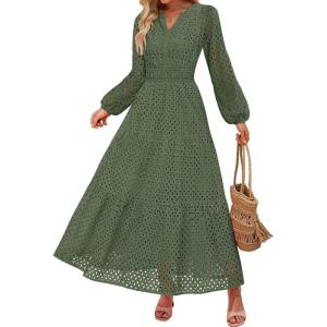 imageZESICA Womens 2025 Fall Long Sleeve Maxi Dress V Neck Hollow Out Eyelet A Line Long Flowy Casual Party DressesOlive