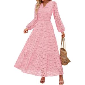 imageZESICA Womens 2025 Fall Long Sleeve Maxi Dress V Neck Hollow Out Eyelet A Line Long Flowy Casual Party DressesPink