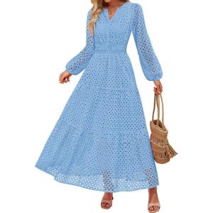 imageZESICA Womens 2025 Fall Long Sleeve Maxi Dress V Neck Hollow Out Eyelet A Line Long Flowy Casual Party DressesSky