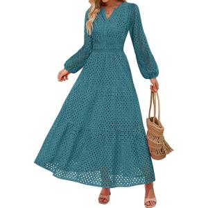 imageZESICA Womens 2025 Fall Long Sleeve Maxi Dress V Neck Hollow Out Eyelet A Line Long Flowy Casual Party DressesTeal