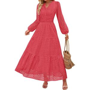 imageZESICA Womens 2025 Fall Long Sleeve Maxi Dress V Neck Hollow Out Eyelet A Line Long Flowy Casual Party DressesWatermelon