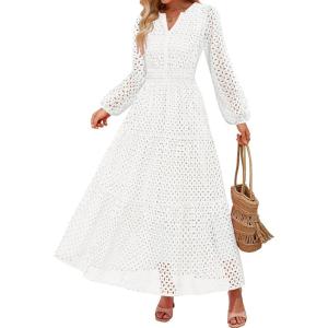 imageZESICA Womens 2025 Fall Long Sleeve Maxi Dress V Neck Hollow Out Eyelet A Line Long Flowy Casual Party DressesWhite