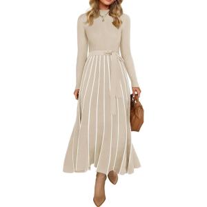 imageZESICA Womens 2025 Fall Turtleneck Long Sleeve Sweater Dress Tie Waist Casual Loose Ribbed Knit A Line Midi DressesApricot