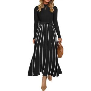 imageZESICA Womens 2025 Fall Turtleneck Long Sleeve Sweater Dress Tie Waist Casual Loose Ribbed Knit A Line Midi DressesBlack