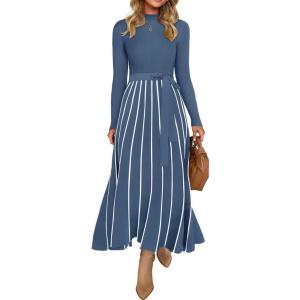 imageZESICA Womens 2025 Fall Turtleneck Long Sleeve Sweater Dress Tie Waist Casual Loose Ribbed Knit A Line Midi DressesDusty Blue