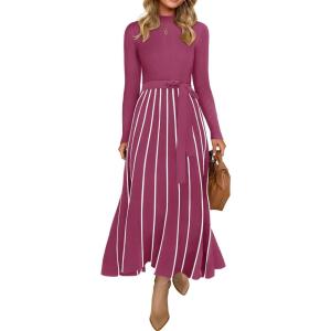 imageZESICA Womens 2025 Fall Turtleneck Long Sleeve Sweater Dress Tie Waist Casual Loose Ribbed Knit A Line Midi DressesEggplant
