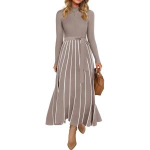 imageZESICA Womens 2025 Fall Turtleneck Long Sleeve Sweater Dress Tie Waist Casual Loose Ribbed Knit A Line Midi DressesKhaki