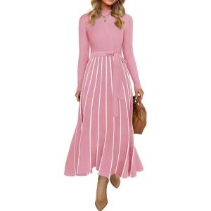 imageZESICA Womens 2025 Fall Turtleneck Long Sleeve Sweater Dress Tie Waist Casual Loose Ribbed Knit A Line Midi DressesPink