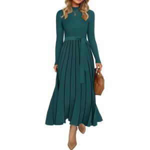 imageZESICA Womens 2025 Fall Turtleneck Long Sleeve Sweater Dress Tie Waist Casual Loose Ribbed Knit A Line Midi DressesTeal