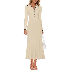 imageZESICA Womens Long Sleeve Sweater Dress 2025 Spring V Neck Ribbed Knit Casual Formal Cocktail Bodycon Maxi DressesApricot