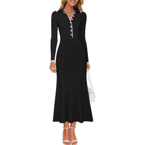 imageZESICA Womens Long Sleeve Sweater Dress 2025 Spring V Neck Ribbed Knit Casual Formal Cocktail Bodycon Maxi DressesBlack
