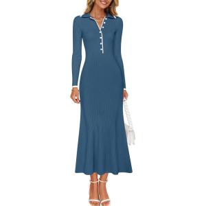imageZESICA Womens Long Sleeve Sweater Dress 2025 Spring V Neck Ribbed Knit Casual Formal Cocktail Bodycon Maxi DressesDark Blue