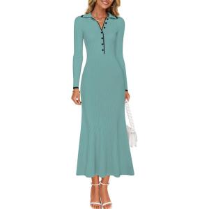 imageZESICA Womens Long Sleeve Sweater Dress 2025 Spring V Neck Ribbed Knit Casual Formal Cocktail Bodycon Maxi DressesLight Green