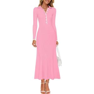 imageZESICA Womens Long Sleeve Sweater Dress 2025 Spring V Neck Ribbed Knit Casual Formal Cocktail Bodycon Maxi DressesPink